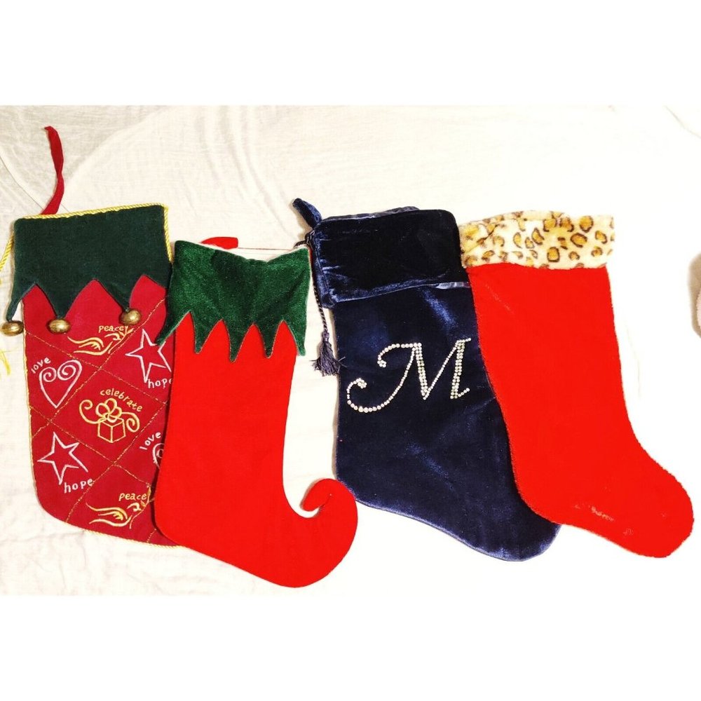 Vtg Lot of 4 Assorted Christmas Stocking -  Bells, Elf, Monogram M, Leopard Trim